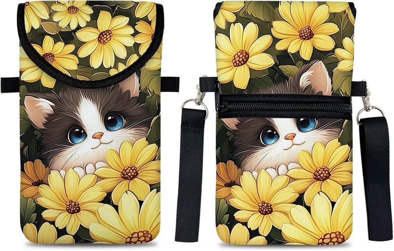 otilil Neoprene Cell Phone Sleeve Pouch Case Bag with Crossbody Strap Neck Lanyard for Women 7.5 X 4.3 in Sunflower Cat - Image 1